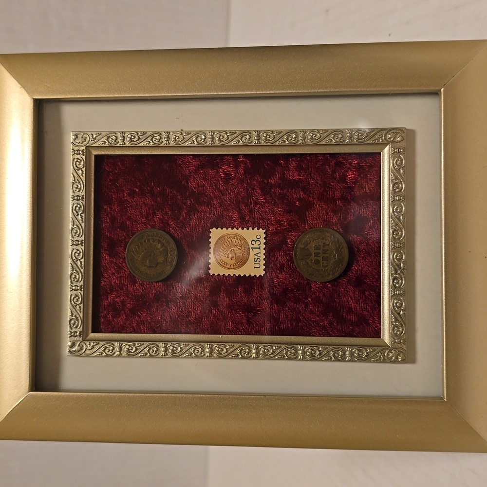 Gold Framed 1905 Indian Head Penny and 13 Cent USA Stamp Display